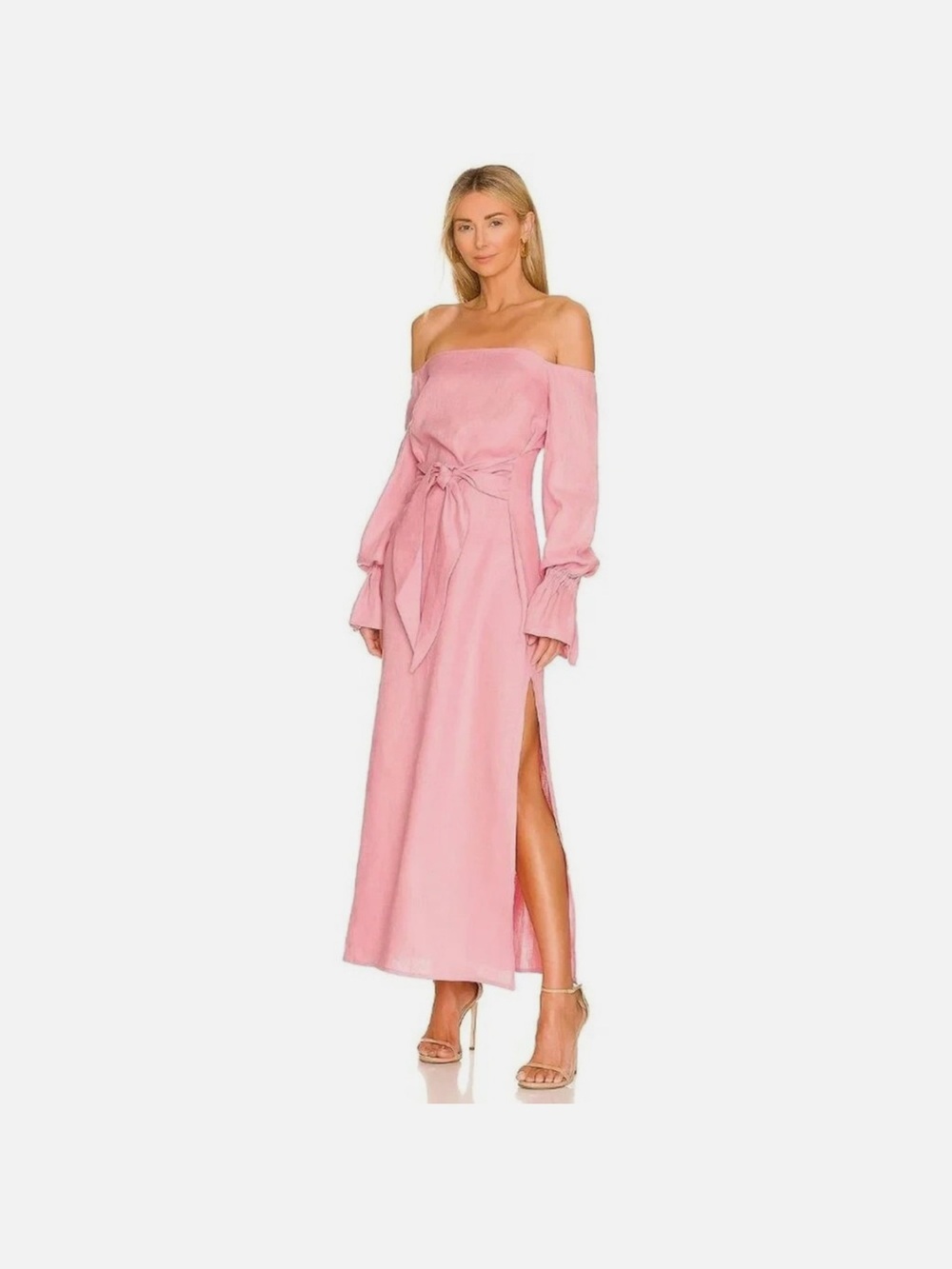 Selmacilek x Revolve Linen Caftan Pink Midi Dress Off Shoulder Slit Size Medium